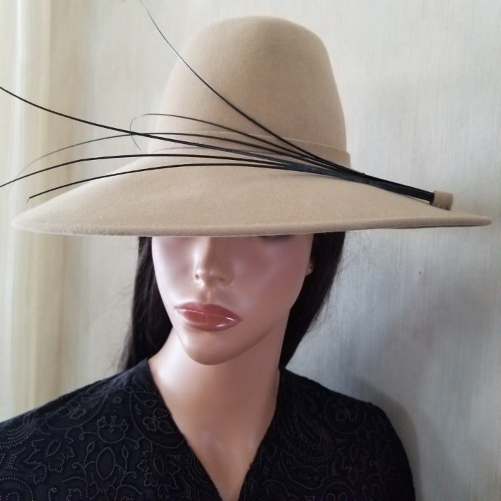 Blima Tan Wool Felt Wide Brim Hat with Black Feather Detail Elegant Fedora